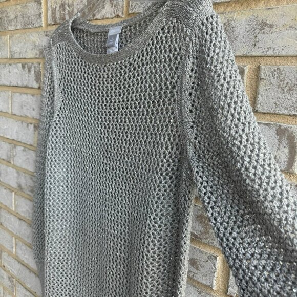 Chico's Long Sleeve Crew Neck Silver/Gray Mesh Open Knit Sweater Size 1 (M) - Picture 6 of 9